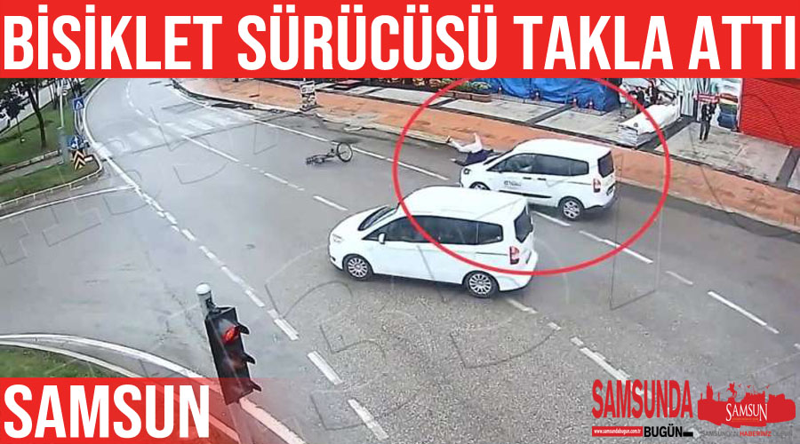Otomobilin çarptığı Bisiklet sürücüsü havada taklalar attı