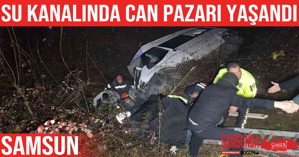 Samsun’da kontrolden çıkan minibüs su kanalına devrildi