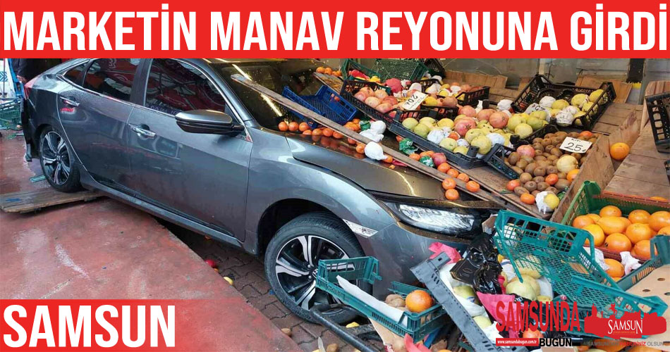 Zincirleme kazada araç marketin manav reyonuna girdi